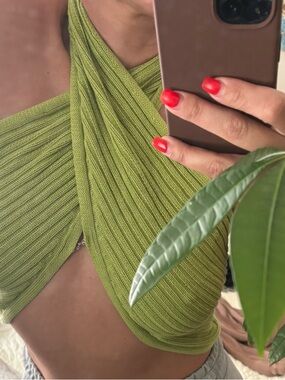 Camila Coelho Lime Green Ribbed Knit Halter Top
